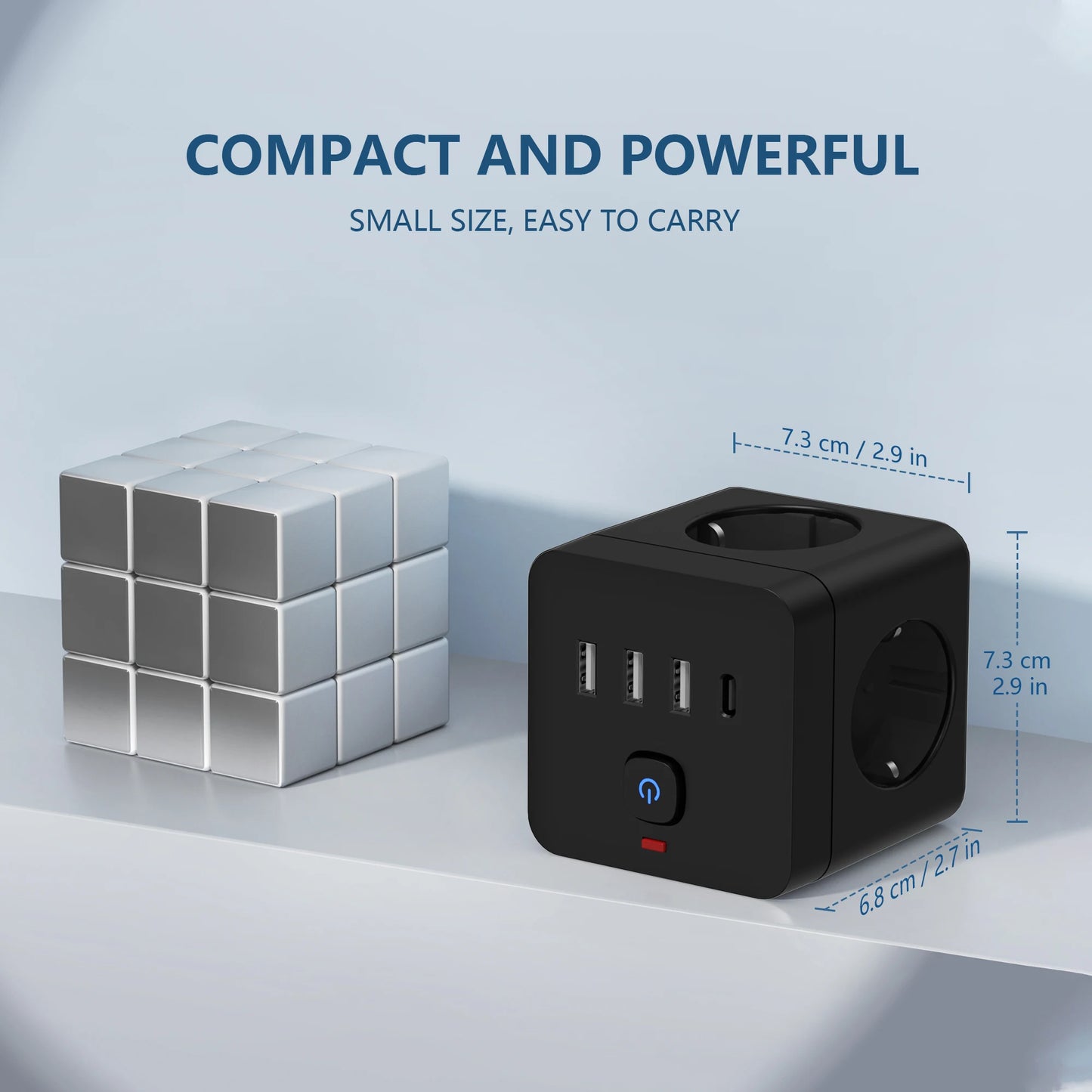 Tomada inteligente 7 em 1 padrão UE, EUA, com protetor de surtos, 3 tomadas, 3 portas USB e 1 porta Tipo C.