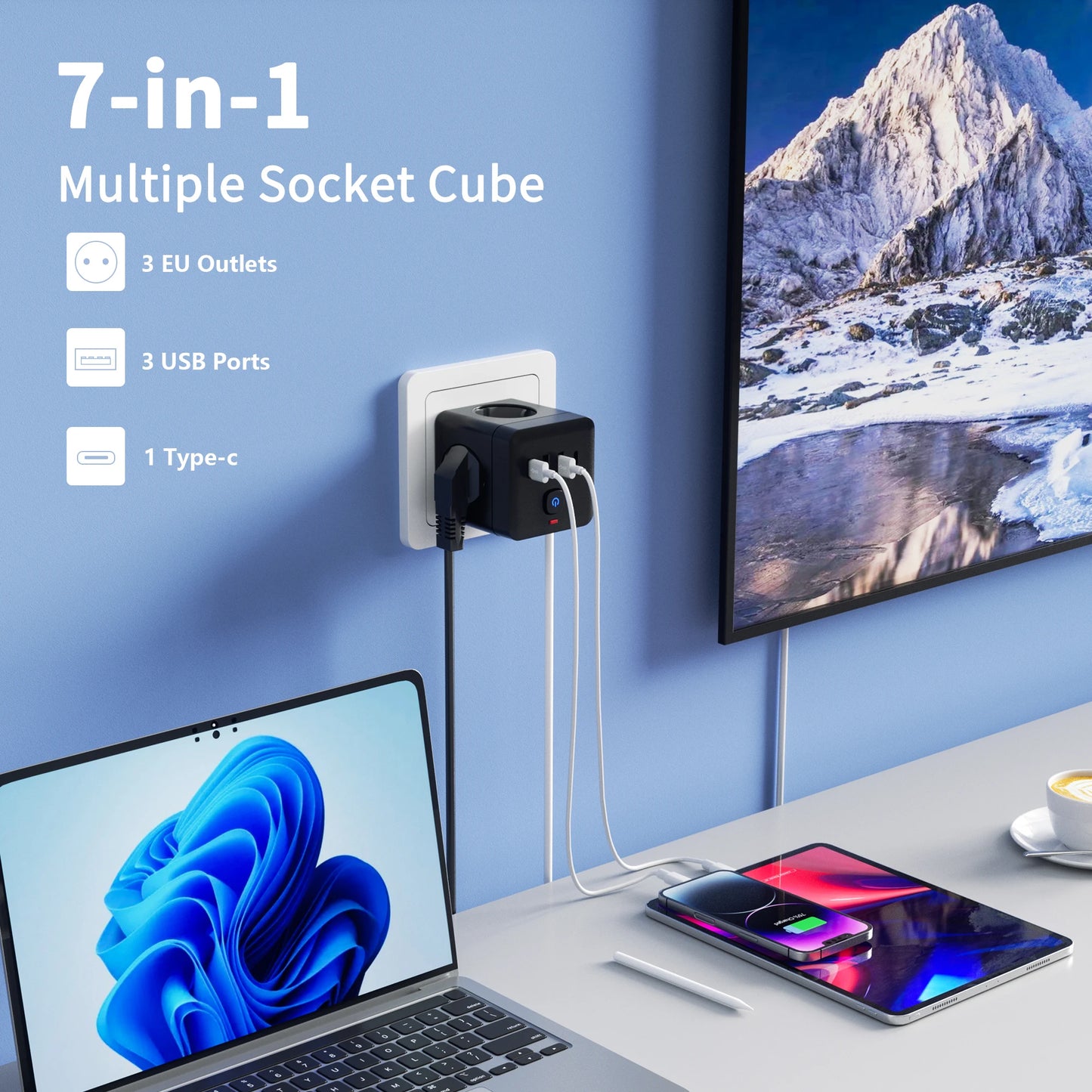 Tomada inteligente 7 em 1 padrão UE, EUA, com protetor de surtos, 3 tomadas, 3 portas USB e 1 porta Tipo C.